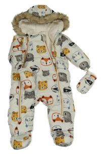 Šedá melírovaná šusťáková zimní kominéza se zvířátky a kapucí + rukavice F&F