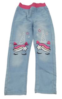 Světlemodré džegíny s jednožci a růžovým pasem