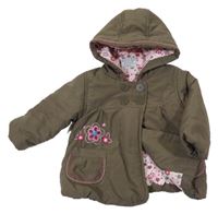 Hnedá šušťáková zateplená parka s kvetmi a kapucňou Topolino