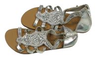 Stříbrné hnědé koženkové sandály s korálkami Sandal Collection vel. 35