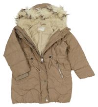 Svetlohnedá prešívaná šušťáková zimná parka s kapucňou s kožešinou zn. Next