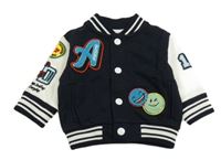 Čierno-biela baseballová mikina s písmenky a smajlíkmi a pruhmi a číslom Next