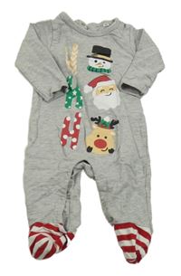 Sivý melírovaný vianočný overal so Santou a sobom a sněhuláčkem