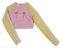 Růžovo-šafránovo-smetanové UV crop triko s palmami 