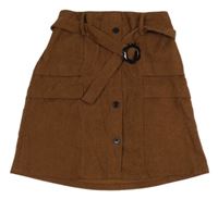 Hnedá menšestrová sukňa s gombíkmi a opaskom SHEIN