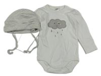 2Set - Šedo-bílá pruhovaná zavazovací čepice + bílé body s obíláčkem Topomini