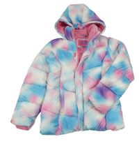 Ružovo-bielo-azurovo-fialová batikovaná prešívaná šušťáková zimná bunda s kapucňou