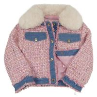 Ružovo-bielo-modrá vlnená zateplená bunda s flitrami a kožušinovým golierikom Billieblush