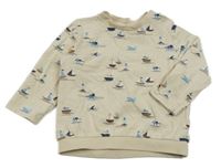 Svetlobéžová melírovaná slabá mikina s lodičkami a parníčky a žralokmi a velrybami Topomini