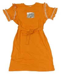 Nové - oranžové teplákové šaty se stříbrným potiskem a kanýrky a kamínky a páskem RIVER ISLAND