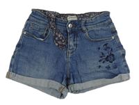 Modré riflové kraťasy s kytičkami Vertbaudet