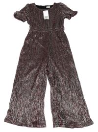 Nové - čierno-stříbrno-staroružový plisovaný nohavicový culottes slávnostný overal F&F