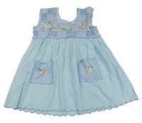 Svetlomodré plátenné šaty s kvietkami a čipkou