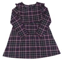 Čierno-purpurovo-starorůžovo-modrozelené kockované šaty s volánikmi Y.F.K.