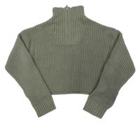 Khaki rebrovaný pletený crop sveter New Look