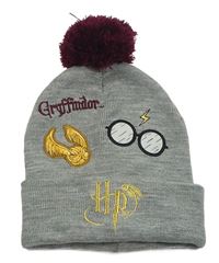 Šedá melírovaná pletená čepice s bambulí a obrázky - Harry Potter H&M