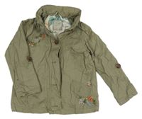 Khaki plátěná podzimní bunda s výšivkami květů a ukrývací kapucí Next