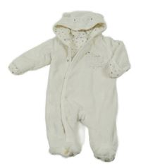 Smotanová chlpatá zateplená kombinéza s hviezdami a kapucňou