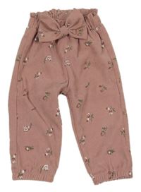 Staroružové kvetované rebrované nohavice s mašlou