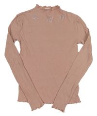 Starorůžové žebrované triko s motýly z kamínků