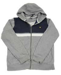Šedo-tmavomodro-bílá propínací mikina s nášivkou a kapucí Lyle&Scott