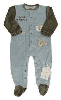 Nové - Světlemodro-tmavošedý sametový overal se zvířaty