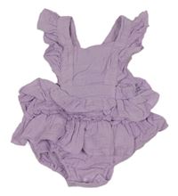 Lila mušelínový kraťasový overal s volánikmi Shein