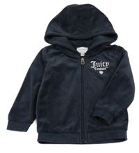 Tmavomodrá sametová propínací mikina s logem a kapucí Juicy Couture