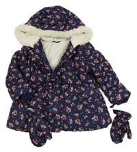 Tmavomodrá kvetovaná šušťáková zateplená bunda s kapucí + rukavice George