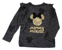 Čierno-sivé melírované úpletové tričko s Minnie z flitrů a volánikmi Disney