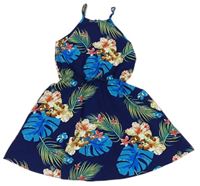 Tmavomodré kvetované ľahké šaty s listami Shein