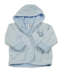 Světlemodro-bílá pruhovaná sametová propínací podšitá mikina s medvídkem a kapucí C&A