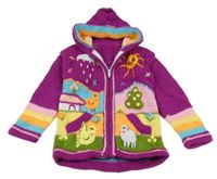 Fialovo-barevný propínací svetr se zvířátky a kapucí 