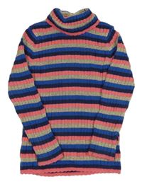 Modro-zlato-ružový rebrovaný pruhovaný svetrový trblietavý rolák Tu