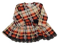 Ružovo-červeno-čierne kockované šaty s 3D květem