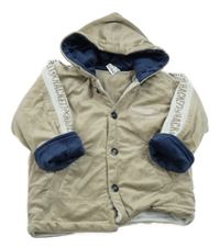 Béžovo-bielo-tmavomodrá zamatová zateplená prepínaci mikina s potlačou a kapucňou