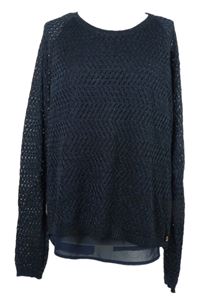 Nové - Dámský tmavomodrý třpytivý ažurový svetr s šifonovou vsadkou Rant&Rave 