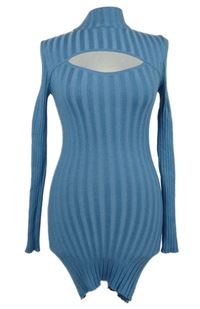 Dámské modré žebrované pletené minišaty s průstřihem 