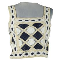 Nové - Dámsky béžovo-tmavomodro-biely čipkový crop top Primark