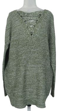 Dámsky khaki melírovaný sveter so šnurovaním zn. Pep&Co