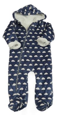 Tmavomodrá sametová zateplená kombinéza s mráčky a kapucí Next