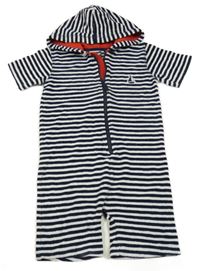 Tmavomodro-bílý pruhovaný froté kraťasový overal s loďkou a kapucí Next