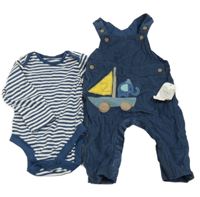 Nové - 2set - Tmavomodré laclové manšestráky se slonem + pruhované body M&S