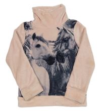 Svetloružová chlpatá mikina s koňmi a komínovým golierom