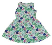 Bielo-zeleno-zafírové kvetované bavlnené šaty s plameňáky C&A