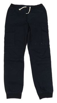 Tmavomodré plátěné cuff kalhoty s úpletovým pasem H&M