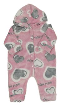 Ružovo-sivo-biela plyšová kombinéza so srdiečkami a kapucňou