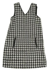 Bielo-čierno-zlaté kockované vlnené šaty s falešnými vreckami Tu