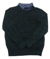 Tmavozeleno-čierny melírovaný vzorovaný sveter so všitou košilí Matalan