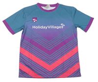 Šalvějovo-křiklavě korálovo-purpurový sportovní fotbalový dres s nápismi a palmami